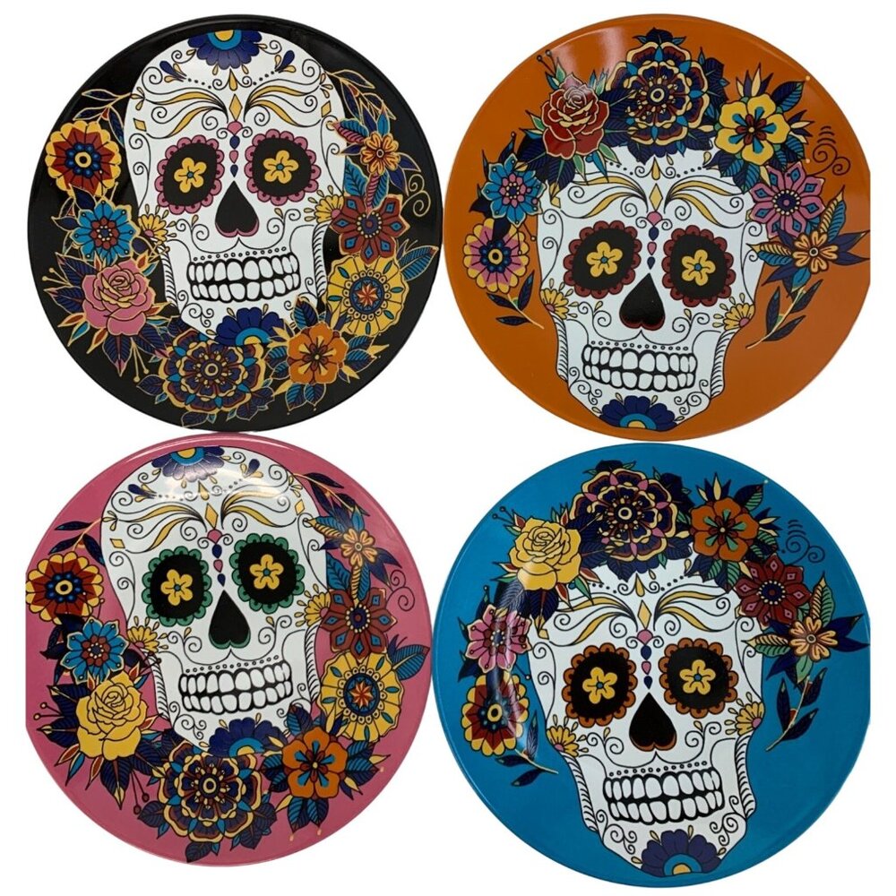 Lot of 4 Williams Sonoma Day Of The Dead Plates 8.5"  Skull Food Safe Halloween